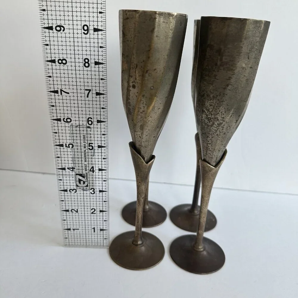 Set Of 4 Vintage Silver Plated&Brass? Stemmed‎ Tulip Champagne Toasting Flutes